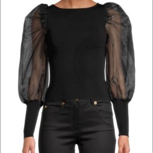 NWOT-black organza puff sleeve mix media sweater-M